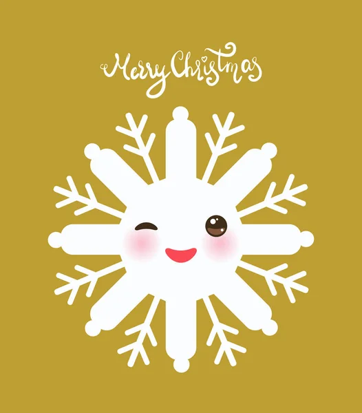 Design de cartão de Natal feliz Kawaii floco de neve branco rosto engraçado com olhos e bochechas rosa no fundo de ouro amarelo. Vetor — Vetor de Stock