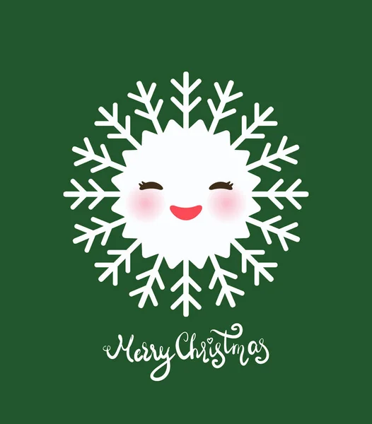 Wesołych Świąt projekt karty Kawaii śnieżynka zestaw biały zabawny twarz z oczami i różowe policzki na ciemnozielonym tle. Wektor — Wektor stockowy