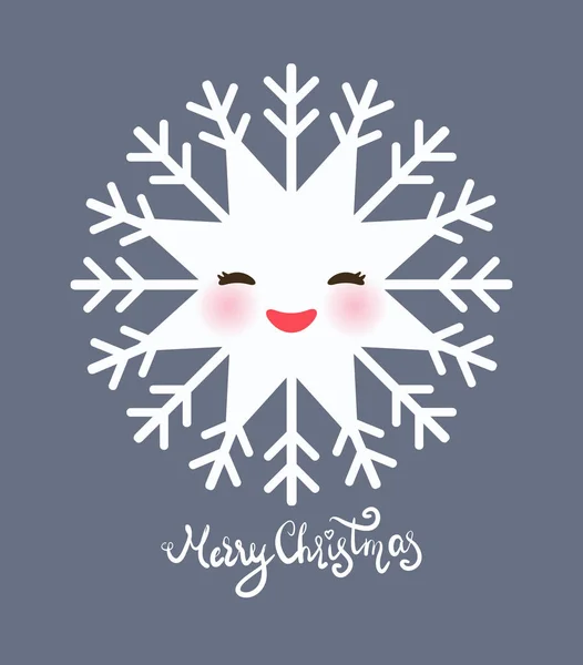 Merry julkort design kawaii snowflake set vit rolig ansikte med ögon och rosa kinder på grå bakgrund. Vektor — Stock vektor