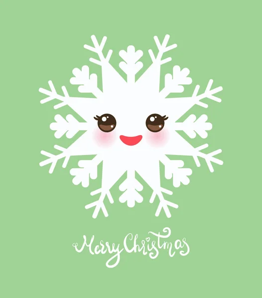 Joyeux Noël conception de la carte Kawaii flocon de neige mis blanc drôle visage avec les yeux et les joues roses sur fond vert. Vecteur — Image vectorielle
