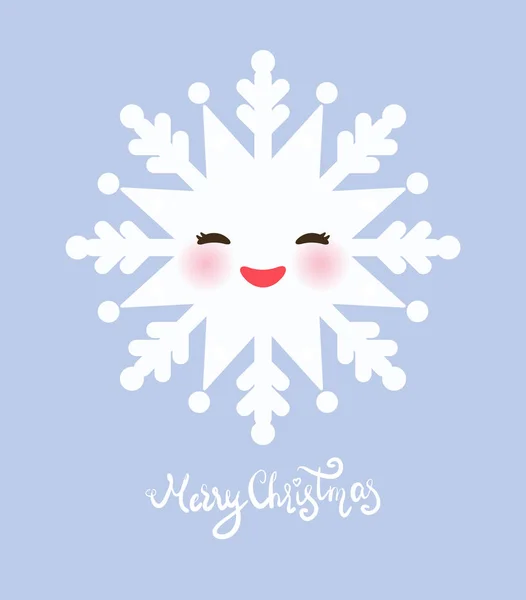 Joyeux Noël carte design Kawaii flocon de neige blanc drôle visage avec les yeux et les joues roses sur fond lilas. Vecteur — Image vectorielle