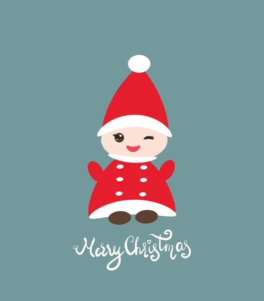 Feliz Navidad Kawaii Feliz Año Nuevo diseño de la tarjeta para su texto Divertido gnomo en sombrero rojo sobre fondo gris azul. Vector — Vector de stock