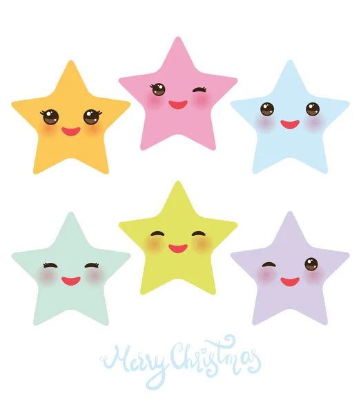 Joyeux Noël carte bannière design Kawaii étoiles bébé, visage avec les yeux, orange rose bleu lilas vert pastel couleurs sur fond blanc. Vecteur — Image vectorielle