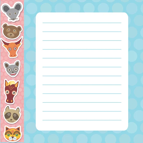 Kawaii fare ayı boğa yarasa at rakun kedi, mavi pastel renkler polka nokta kaplı sayfa not defteri, şablon, boş, planlayıcı arka plan ile kart tasarımı. Vektör — Stok Vektör