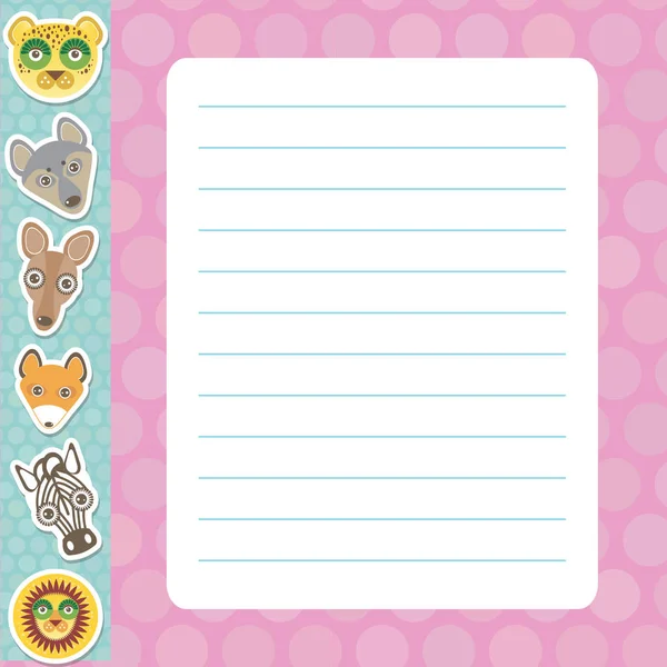 Desain kartu dengan macan tutul Kawaii, serigala, jerapah, rubah, zebra, singa, warna pastel merah muda ungu biru ^ polka dot lined page notebook, template, blank, planner background. Vektor - Stok Vektor