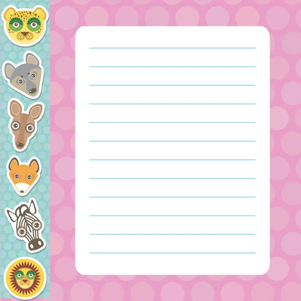 Kawaii leopar, kurt, zürafa, tilki, zebra, aslan, mavi leylak pembe pastel renkler polka nokta kaplı sayfa defter, şablon, boş, planlayıcı arka plan ile Kart tasarımı. Vektör — Stok Vektör