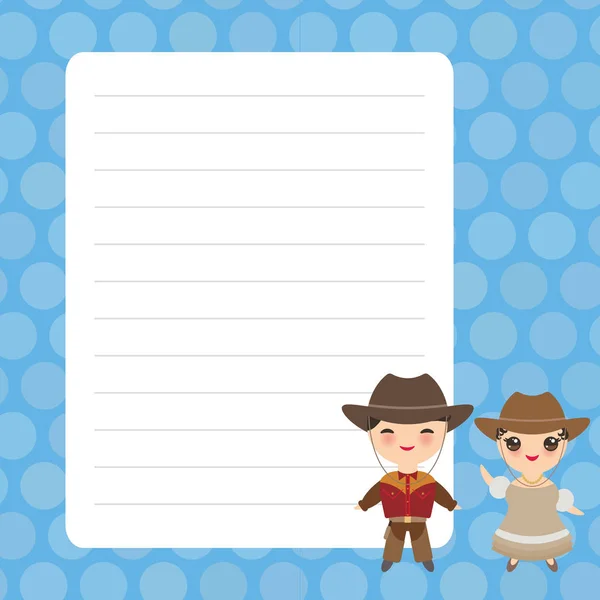 Ulusal kostüm ve şapka Kawaii Cowboy erkek ve kız ile Kart tasarımı. Geleneksel elbiseli karikatür çocukları. mavi polka nokta kaplı sayfa defteri, şablon, boş, planlayıcı arka plan. Vektör — Stok Vektör