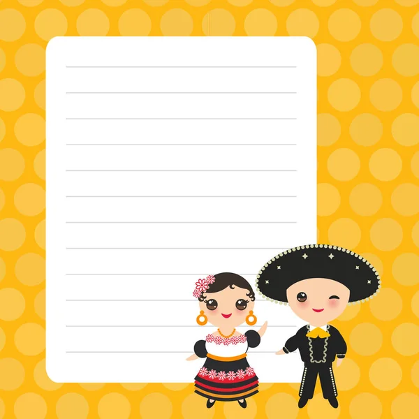 Diseño de tarjetas con niño y niña mexicana Kawaii en traje y sombrero nacional rojo. Niños de dibujos animados, naranja amarillo pastel colores lunares página forrada cuaderno, plantilla, en blanco, fondo de planificador. Vector — Vector de stock