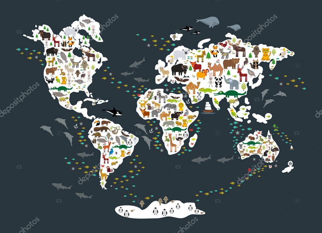 Cartoon animal world map for children and kids, back to schhool. Animals from all over the world, white continents and islands on dark grey background of ocean and sea. Scandinavian decor. Vector