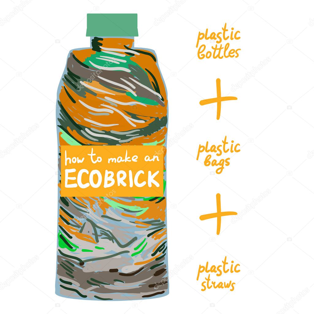 Ecobrick is a plastic bottle packed with clean and dry, used plastic to make a reusable building block. Eco Bricks, Ecolladrillos, bottle bricks. Less plastic going into the biospher. Vector