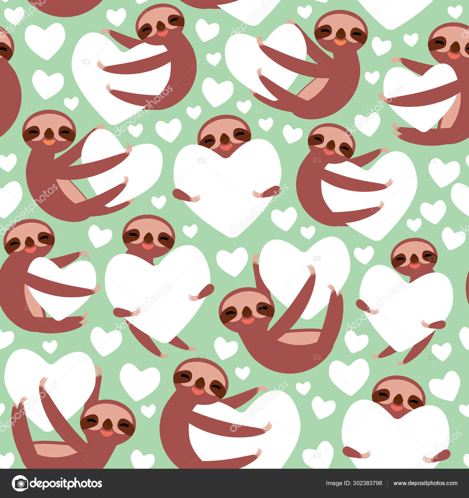 Seamless pattern Three-toed sloth holding white heart, on blue mint background. Valentine's Day Card banner template. Funny Kawaii animal. Can be used for Gift wrap, fabrics, wallpapers. Vector Stock Vector by ©Ekaterina-P