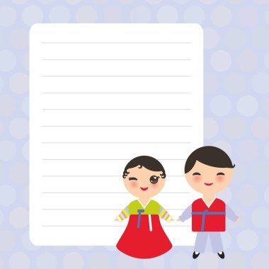 Koreliler erkek ve kız ulusal kostüm ve şapka. Karikatür çocuklar Leylak pastel renkler polka nokta kaplı sayfa not defteri, şablon, boş, planlayıcı arka plan ile Kawaii ile Kart tasarımı. Vektör