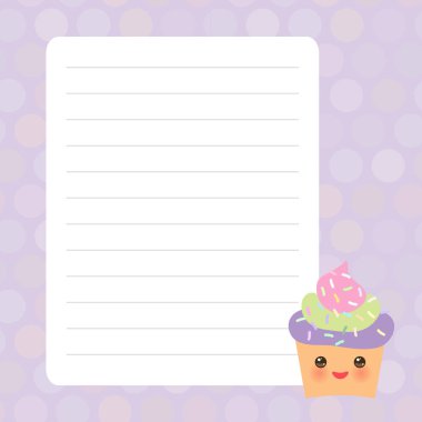 Kawaii Cupcake ile Kart tasarımı, mor pastel renkler polka nokta kaplı sayfa notebook, şablon, boş, planlayıcı arka plan ile muffin. Vektör
