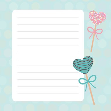 Kawaii Sweet Cake ile Kart tasarımı yay pembe mavi nane pastel renkler polka nokta astarlı sayfa defter, şablon, boş, planlayıcı arka plan ile kalpleri açılır. Vektör