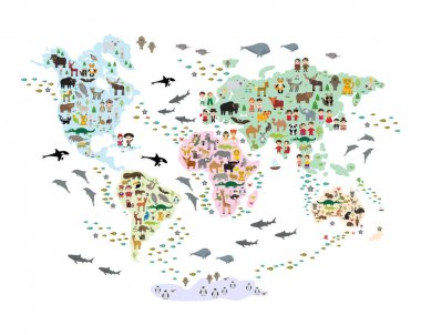 Çocuklar ve çocuklar için karikatür hayvan dünya haritası, geri schhool için. Dünyanın dört bir yanından gelen hayvanlar okyanus ve denizin beyaz arka planında izole edilmiş beyaz kıtaadaları. İskandinav dekoru. Vektör