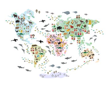 Cartoon animal world map for children and kids, back to schhool. Animals from all over the world white continents islands isolated on white background of ocean and sea. Scandinavian decor. Vector clipart