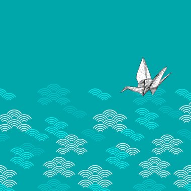 Origami beyaz kağıt vinçler kroki gökyüzü bulutları desen. Geen siyah beyaz japon dalga daire ile mavi teal Doğa oryantal arka plan üzerinde. Tebrik kartı tasarımı için, metniniz için kullanılabilir. Vektör