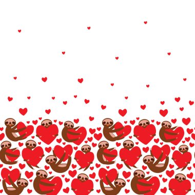 Three-toed sloth holding red heart, isolated on white background. Valentine's Day Card banner template. Funny Kawaii animal, copy space. Vector clipart