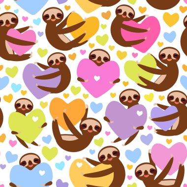 Seamless pattern Three-toed sloth holding red pink, yellow, lilac, orange, blue heart, isolated on white background. Valentine's Day Card banner template. Funny Kawaii animal. Vector clipart