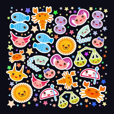 Koç, Boğa, İkizler, Yengeç, Aslan, Başak, Terazi, Akrep, Yay, Oğlak, Kova ve Balık. Kart afiş Komik Kawaii burç, astrolojik stikers, kopya alanı, siyah arka plan. Vektör