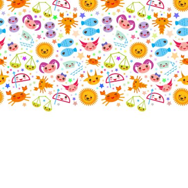 Koç, Boğa, İkizler, Yengeç, Aslan, Başak, Terazi, Akrep, Yay, Oğlak, Kova ve Balık. Kart afiş Komik Kawaii burç, astrolojik stikers, beyaz arka plan. Vektör
