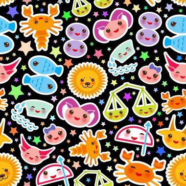 Koç, Boğa, İkizler, Yengeç, Aslan, Başak, Terazi, Akrep, Yay, Oğlak, Kova ve Balık Dikişsiz desen Komik Kawaii burç, astrolojik stikers, siyah arka plan. Vektör