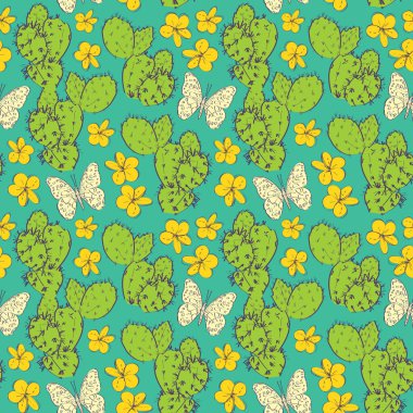 Çiçek kelebekler kroki ile Dikişsiz desen kaktüs, su mavisi arka plan üzerinde yeşil turuncu sarı kontur beyaz. basit süs, Hediye şal, kumaşlar, duvar kağıtları için kullanılabilir. Vektör
