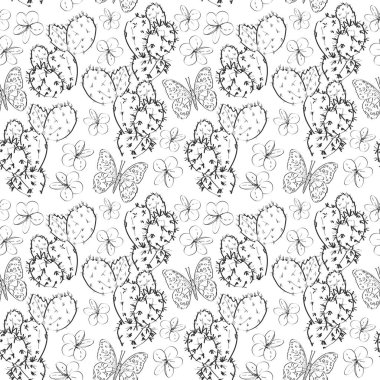 Çiçekler kelebekler kroki ile Dikişsiz desen kaktüs, beyaz arka plan üzerinde izole siyah kontur. yaz basit süs, Hediye şal, kumaşlar, duvar kağıtları için kullanılabilir. Vektör