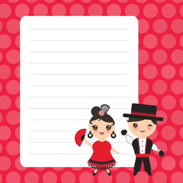 Dançarino de flamenco espanhol Kawaii menino e menina em traje nacional e chapéu. Desenhos animados crianças Design de cartão com cores vermelhas bolinhas alinhadas página notebook, modelo, em branco, plano de fundo. Vetor — Vetor de Stock