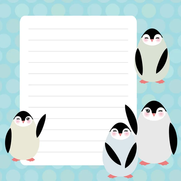 Kartendesign mit kawaii pinguin in mint pastellfarben polka dot linierte seite notizbuch, vorlage, blanko, planer hintergrund. Vektor — Stockvektor