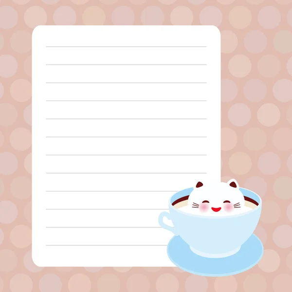 Kaart ontwerp cute Kawai kat in blauw kopje schuim Art koffie, roze paars pastel kleuren polka dot bekleed pagina notebook, sjabloon, leeg, planner achtergrond. Vector — Stockvector