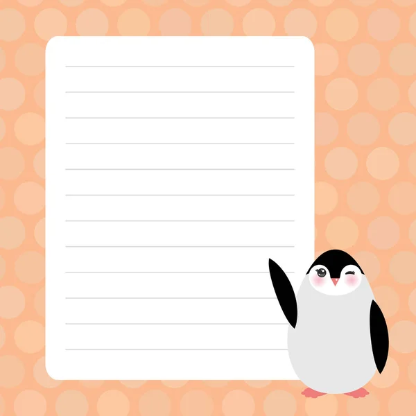 Kartendesign mit Kawaii-Pinguin in rosa Pastellfarben, Polka Dot linierte Seite Notizbuch, Vorlage, Rohling, Planer Hintergrund. Vektor — Stockvektor
