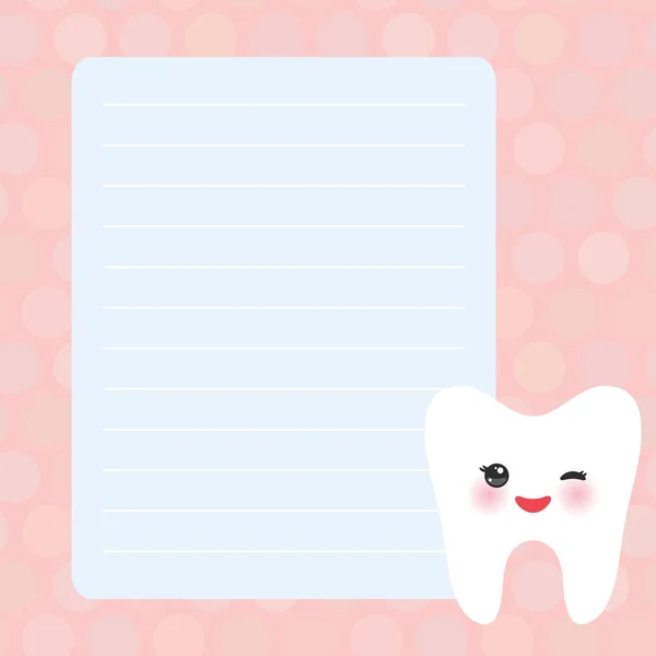 Card design with Kawaii Smiling tooth with eyes pink blue pastel colors polka dot lined page notebook, template, blank, planner background. Vector — Stock Vector