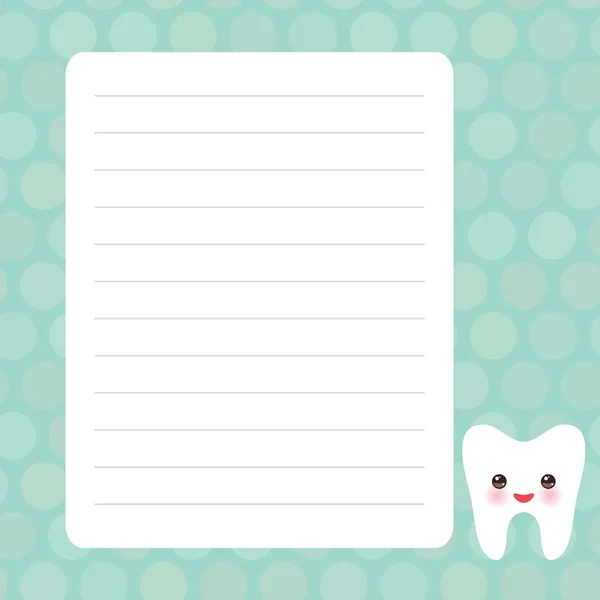 Design de la carte avec Kawaii Dent souriante avec des yeux bleu menthe pastel couleurs pois ligne carnet de page, modèle, blanc, fond de planificateur. Vecteur — Image vectorielle