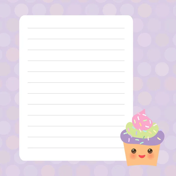 Card design with Kawaii Cupcake, muffin with purple pastel colors polka dot lined page notebook, template, blank, planner background. Vector — Stock Vector