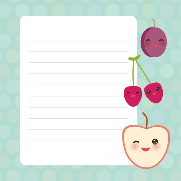 Kaart ontwerp met kawaii Cherry Plum Apple met blauwe pastel kleuren polka dot bekleed pagina notebook, sjabloon, leeg, planner achtergrond. Vector — Stockvector