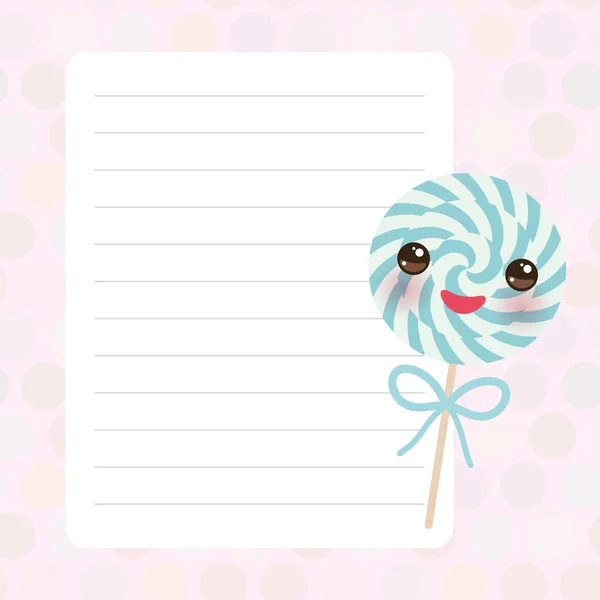 Card design with Kawaii candy lollipop with pink cheeks and eyes, spiral candy cane, pink pastel colors polka dot lined page notebook, template, blank, planner background. Vector — Stock Vector