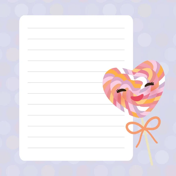 Diseño de tarjetas con corazón Kawaii caramelo piruleta con mejillas y ojos de color rosa, bastón de caramelo en espiral, lila violeta pastel colores polka dot forrado cuaderno de la página, plantilla, en blanco, fondo de planificador. Vector — Archivo Imágenes Vectoriales