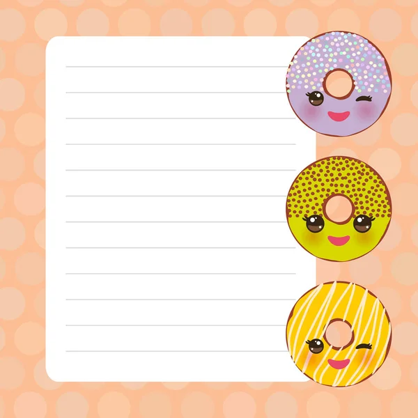 Kaart ontwerp met kawaii donut, roze pastel kleuren polka dot bekleed pagina notebook, sjabloon, leeg, planner achtergrond. Vector — Stockvector