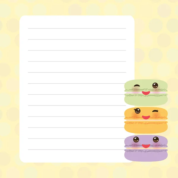 Conception de carte avec macarons Kawaii avec des couleurs pastel pois ligne carnet de page, modèle, blanc, fond de planificateur. Vecteur — Image vectorielle