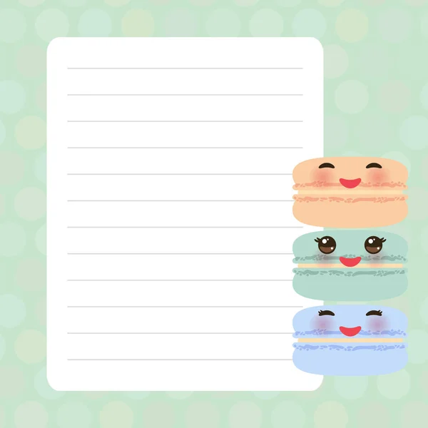 Conception de carte avec des macarons Kawaii avec des couleurs pastel menthe carnet de page doublé de pois, modèle, blanc, fond de planificateur. Vecteur — Image vectorielle