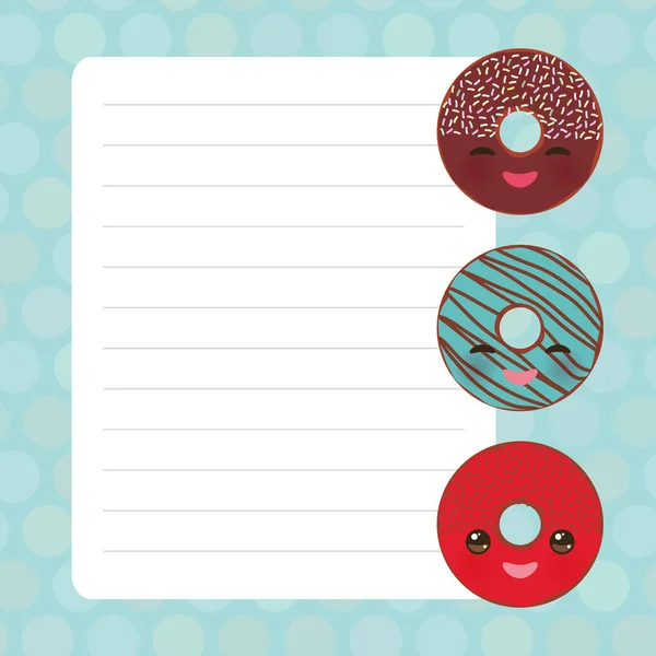 Desain kartu dengan donat Kawaii, warna pastel biru ^ polka dot lined page notebook, template, blank, planner background. Vektor - Stok Vektor