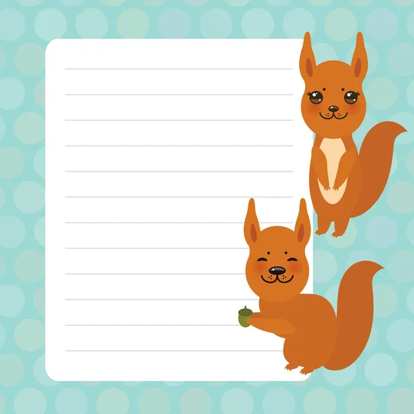 Design de cartão com esquilo Kawaii, azul pastel cores polka dot alinhado notebook página, modelo, em branco, plano de fundo. Vetor — Vetor de Stock