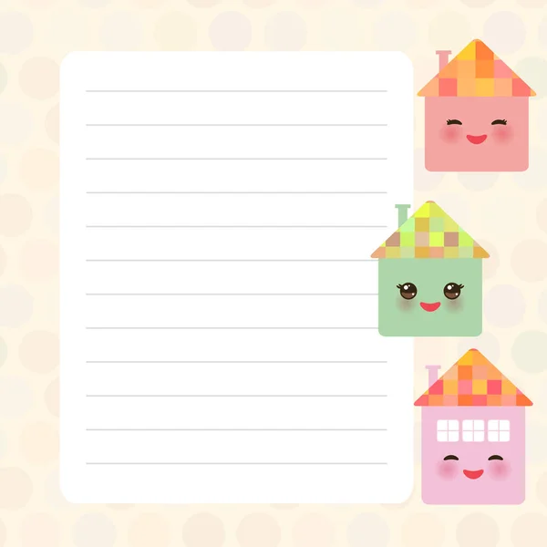 Kaart ontwerp met kawaii grappig gelukkig huis roze groen Lila pastel kleuren polka dot bekleed pagina notebook, sjabloon, leeg, planner achtergrond. Vector — Stockvector