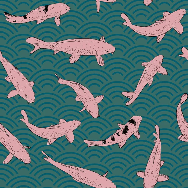 Patrón sin costura carpa Koi nishikigoi literalmente brocado carpa. Pescado rosa. bosquejo esbozo negro garabato. Azul azulado Naturaleza oriental de fondo con onda japonesa. para papel tapiz de tejidos de regalo. Vector — Archivo Imágenes Vectoriales