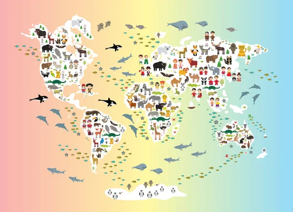 Cartone animato mappa del mondo animale per bambini e bambini, torna a scuola. Animali provenienti da tutto il mondo isole continenti bianchi su sfondo arcobaleno di mare e oceano. Arredo scandinavo. Vettore — Vettoriale Stock