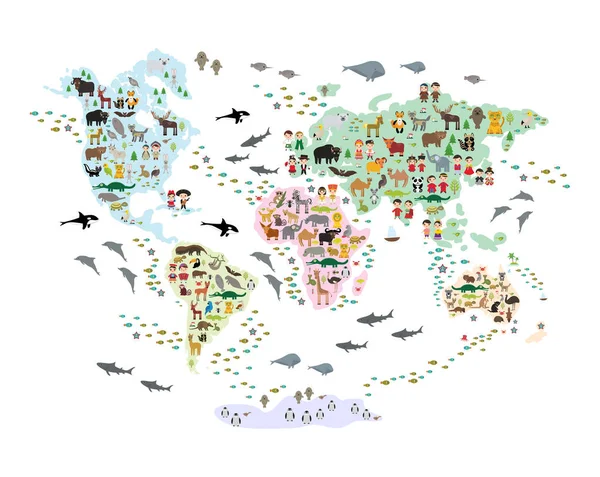 Cartoon animal world map for children and kids, back to schhool. Animales de todo el mundo islas continentes blancas aisladas sobre fondo blanco de océano y mar. Decoración escandinava. Vector — Archivo Imágenes Vectoriales