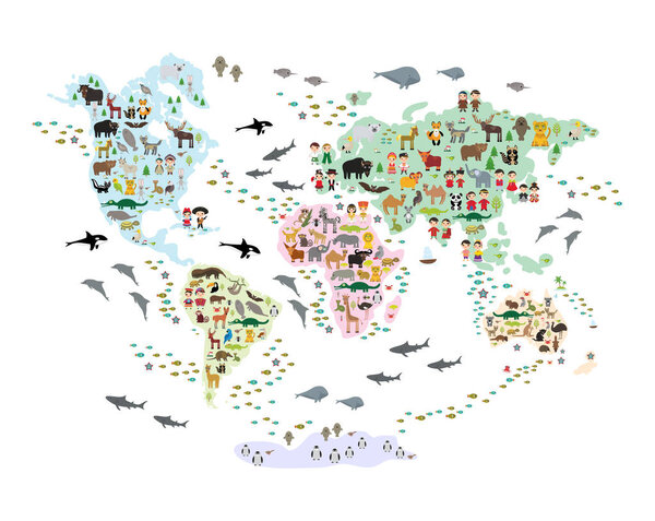 Cartoon animal world map for child and kids, back to school. Животные со всего мира белых континентов острова изолированы на белом фоне океана и моря. Скандинавский декор. Вектор

