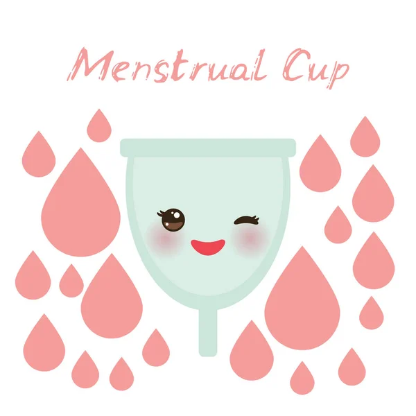 Kawaii copo menstrual é um produto de higiene feminina feito de silicone de grau médico flexível e em forma de sino, bochechas rosa e olhos piscando, cores pastel no fundo branco. Vetor —  Vetores de Stock