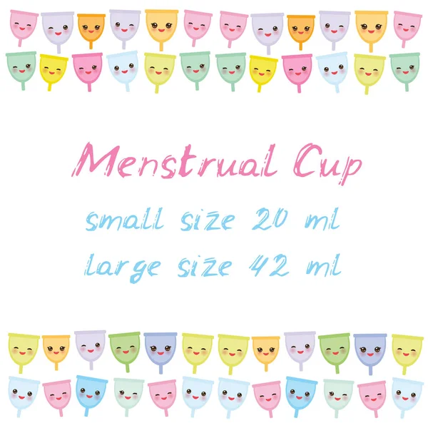 Kawaii copo menstrual é um produto de higiene feminina feito de silicone de grau médico flexível e em forma de sino, bochechas rosa e olhos piscando, cores pastel no fundo branco. Vetor —  Vetores de Stock